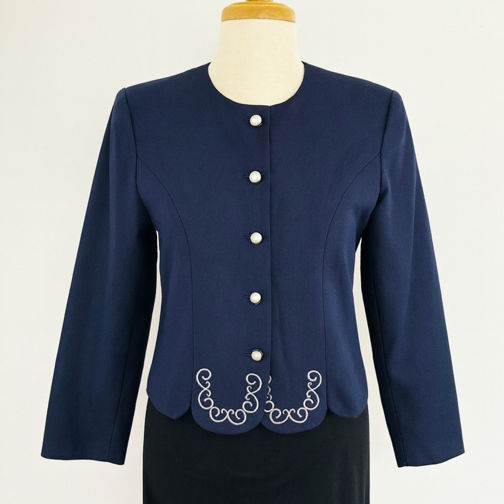 Vintage Reina Blazer Womens 10P Navy Blue Pearl Button Embroidered Career Jacket